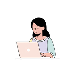 Woman using laptop for work or leisure. This illustration shows woman using laptop for communication and work. Use this illustration showing woman using laptop for work to depict productivity,