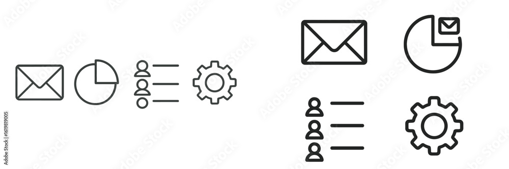 Poster collection of digital icons representing communication, data analytics, and teamwork in a simple des