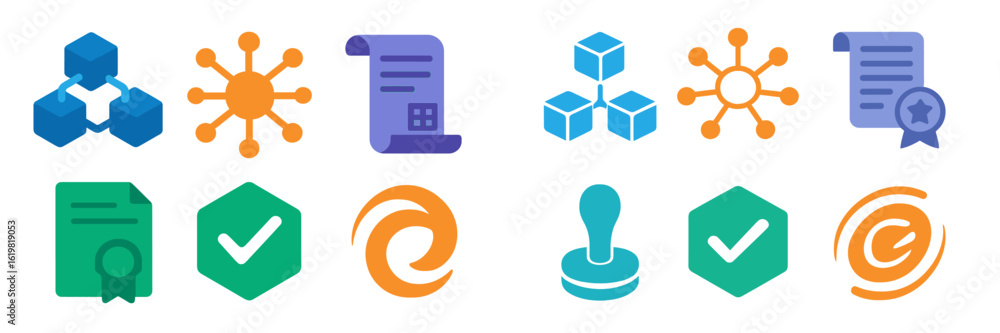 Poster colorful vector icons representing data, documents, and validation processes in a digital environmen