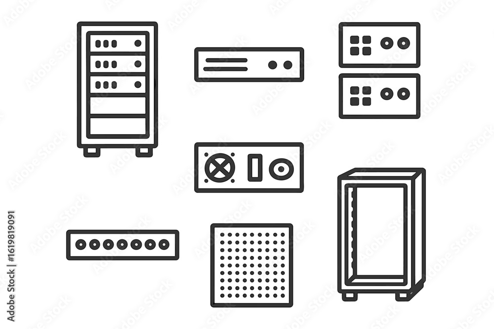 Poster collection of various electronic devices and components displayed in a modern, minimalist layout on 