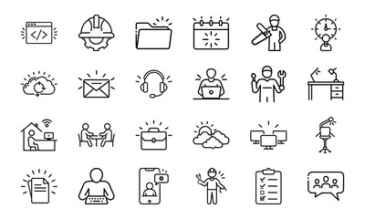 An icon pack featuring a diverse range of outline symbols for business, technology, productivity, and professional services.