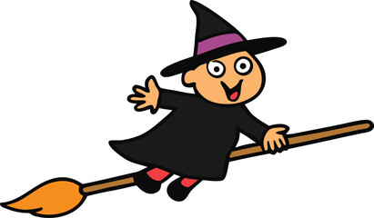 witch flying on broom on transparent background