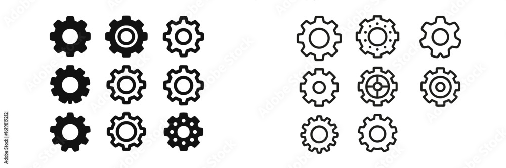 Poster gear icons showcase different styles and designs on contrasting backgrounds for graphic use and proj