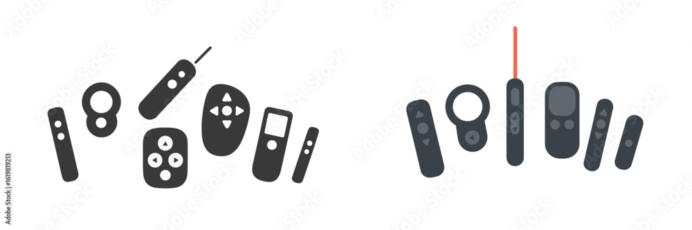 Poster collection of various remote controls arranged creatively on a clean background showcasing electroni