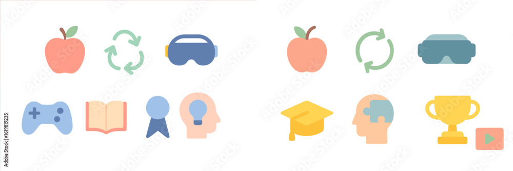 Poster exploring educational technology icons through playful visuals in a modern learning environment