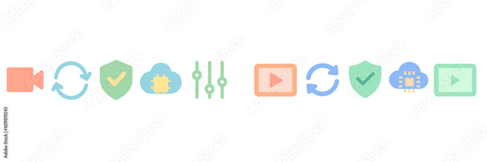 Poster symbolic icons representing digital media management and technology features in a modern design