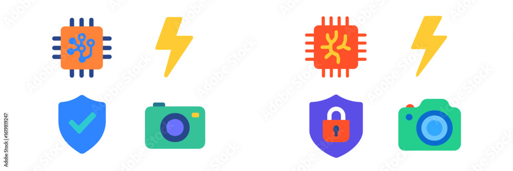 Poster icons representing technology and security with computer chips and cameras on a bright background