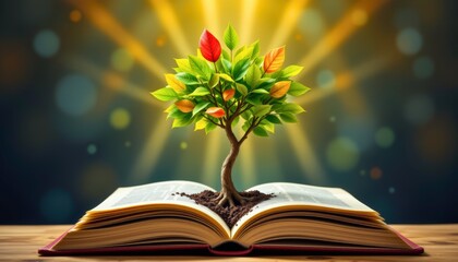 tree sprouting from an open book, with leaves in tricolor tones symbolizing knowledge and growth