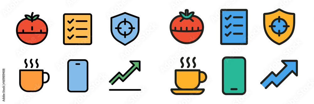 Poster vector icons representing various concepts such as food, checklists, and technology in a colorful fl