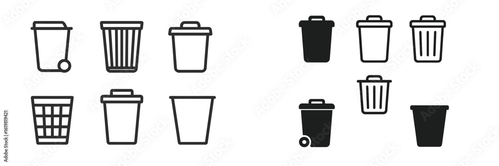 Poster different types of waste bins and trash containers for disposal in various styles and designs