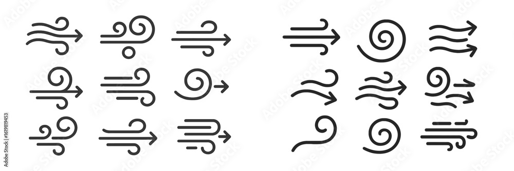 Poster variety of wind icons depicting different directions and wind patterns for creative use in design pr