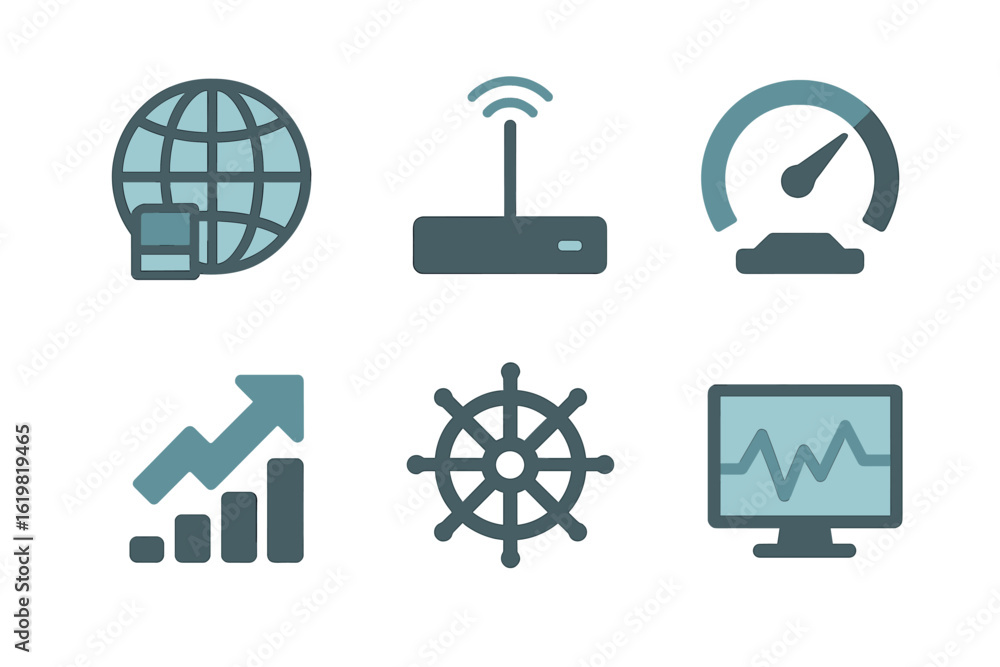 Poster icons representing global connectivity, wireless technology, and performance monitoring in a modern 