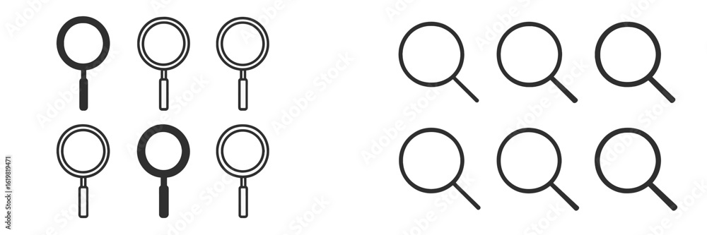 Poster black and white magnifying glasses arranged in two different patterns on a light background