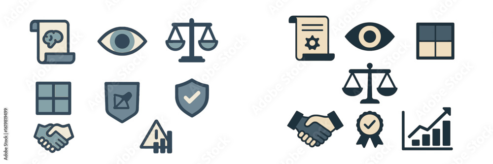 Poster symbols representing justice, monitoring, and evaluation displayed in a creative layout on a modern 