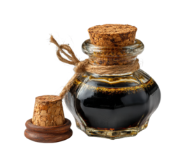 Rustic glass bottle of balsamic vinegar with cork and twine detail isolated on transparent background, png