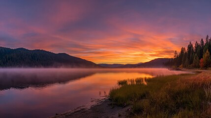 Serene Sunrise Over Misty Lake With Colorful Sky