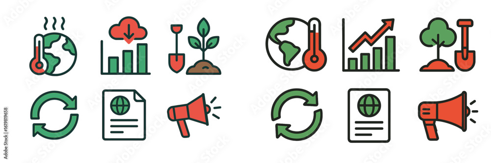 Poster visual representation of climate change and environmental sustainability concepts in colorful icons 