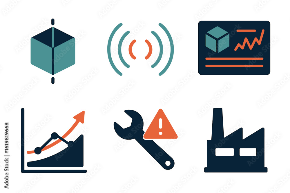 Poster modern technology visuals showcasing various industrial processes and data analysis tools on display