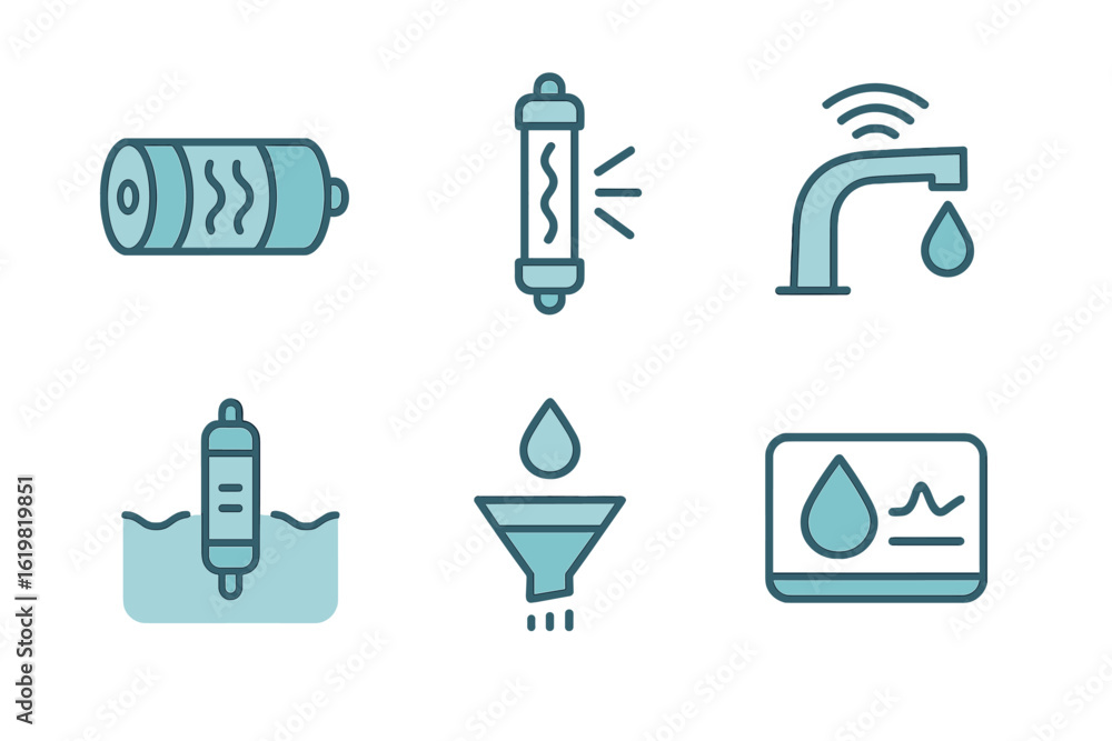 Poster symbols representing water purification and monitoring technologies in a clear and concise design at