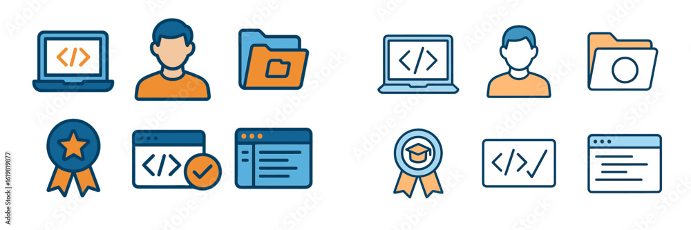 Poster icons representing coding, education, and document management in a digital workspace environment