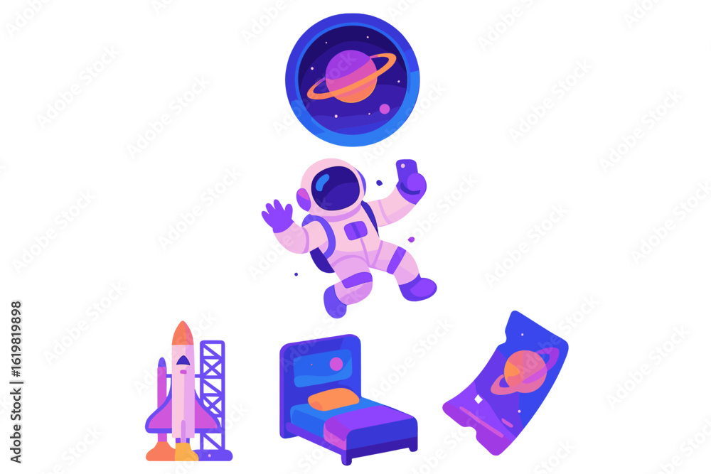 Poster astronaut floating in space while interacting with a smartphone near a rocket launch pad and a theme
