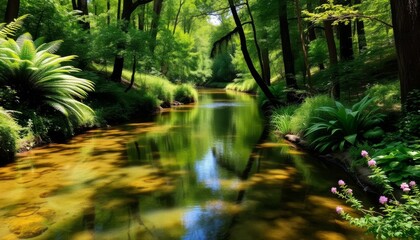Serene river flowing through a lush green forest