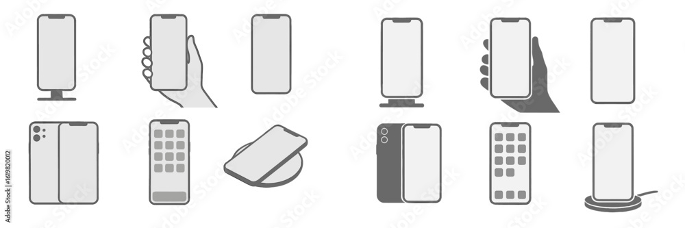 Poster collection of smartphone designs and illustrations showcasing various angles and features in a minim
