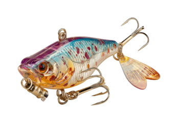 Colorful transparent fishing lure with treble hooks isolated on transparent background, png