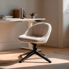 Comfortable beige office chair positioned in front of a standing desk, bathed in sunlight within a bright home office, fostering a stylish and productive workspace atmosphere