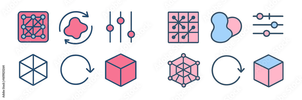 Poster graphics showcasing geometric shapes and transformations in vibrant colors for design and educationa