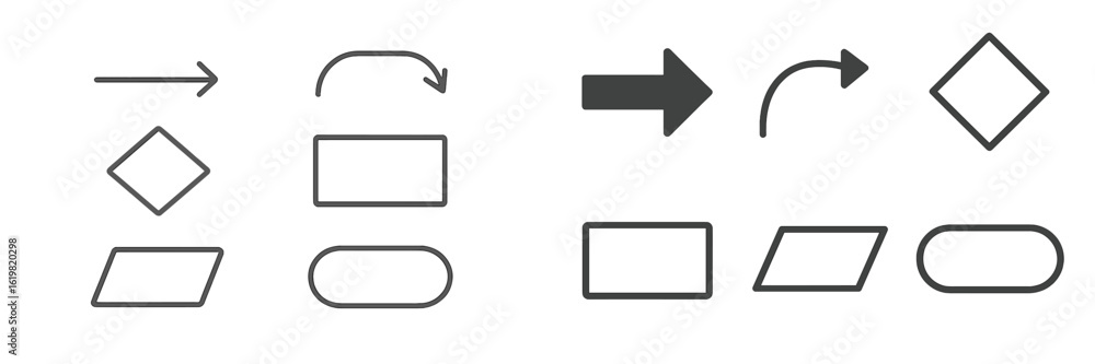 Poster shapes and movements in a creative design layout featuring arrows and geometric forms arranged in a 