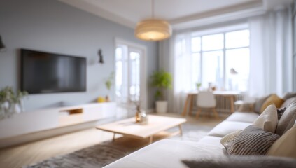Fototapeta premium Blurred view of a cozy living room with a TV