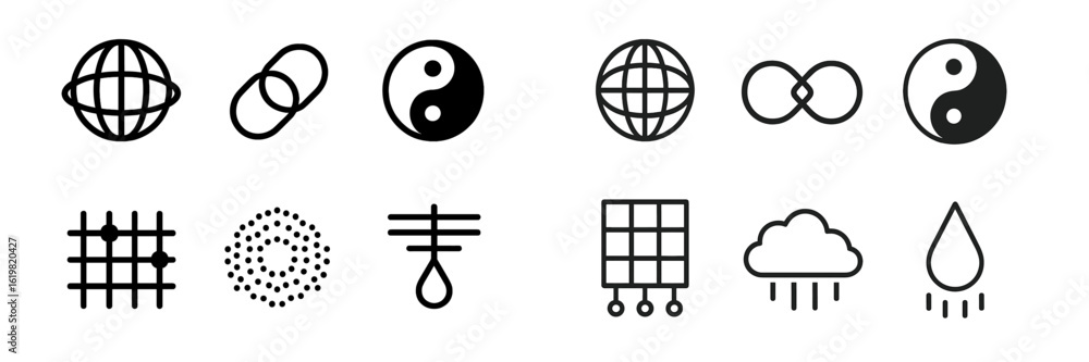 Poster unique collection of abstract symbols representing balance, connection, and elements in a minimalist