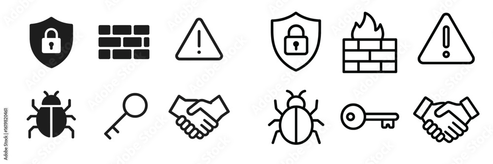 Poster cybersecurity icons representing various aspects of protection and threat detection in digital envir