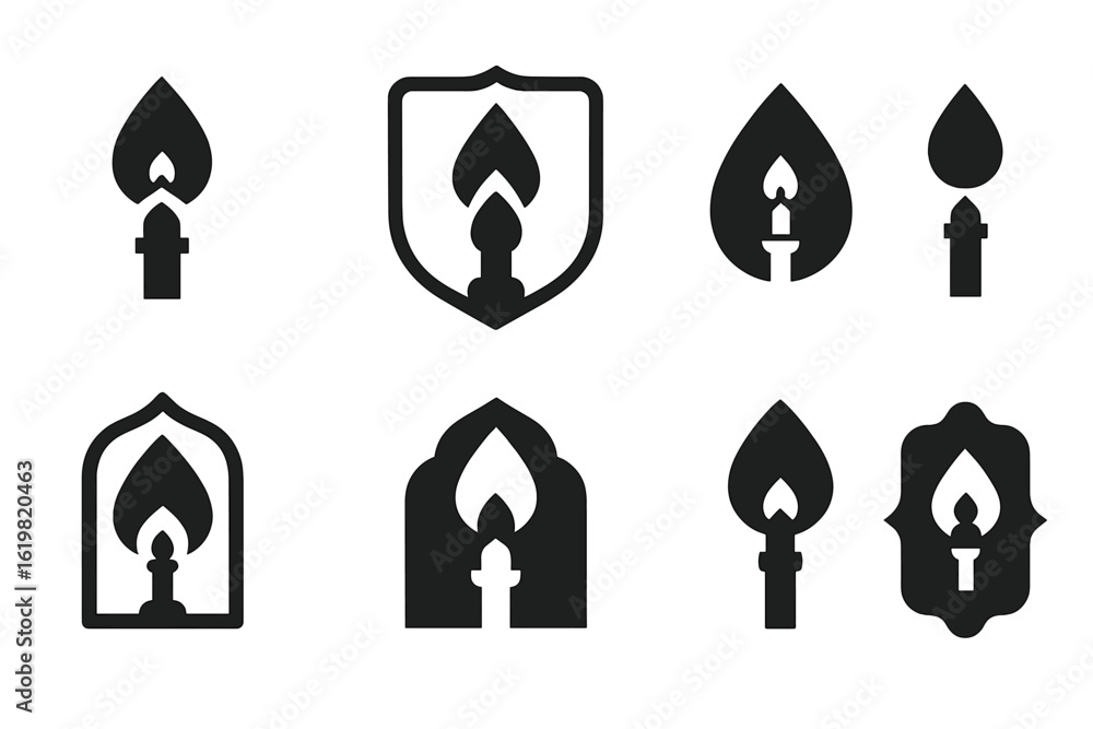 Poster various candle design icons featuring flames and holders in different shapes and styles for creative