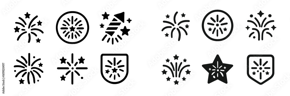Poster fireworks icons showcase various designs for festive celebrations and events in a minimalistic style