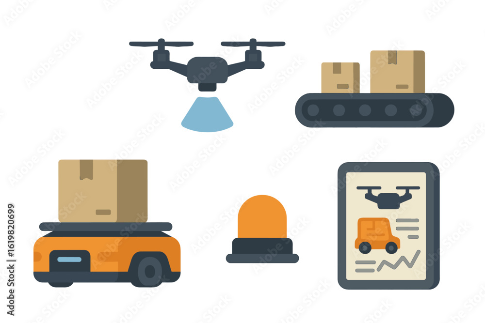 Poster drones and automated systems work together to streamline package delivery in a modern warehouse sett