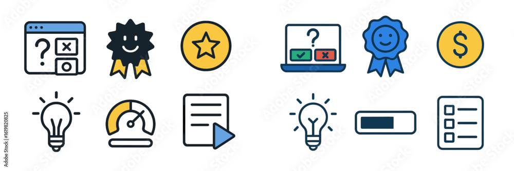 Poster icons representing various concepts including achievement, inquiry, and performance metrics in a dig