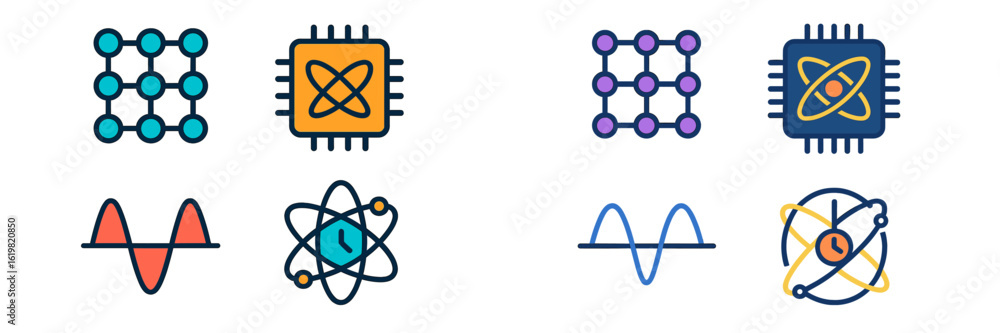 Poster modern technology symbols represent computing, electronics, and quantum science in a vibrant digital