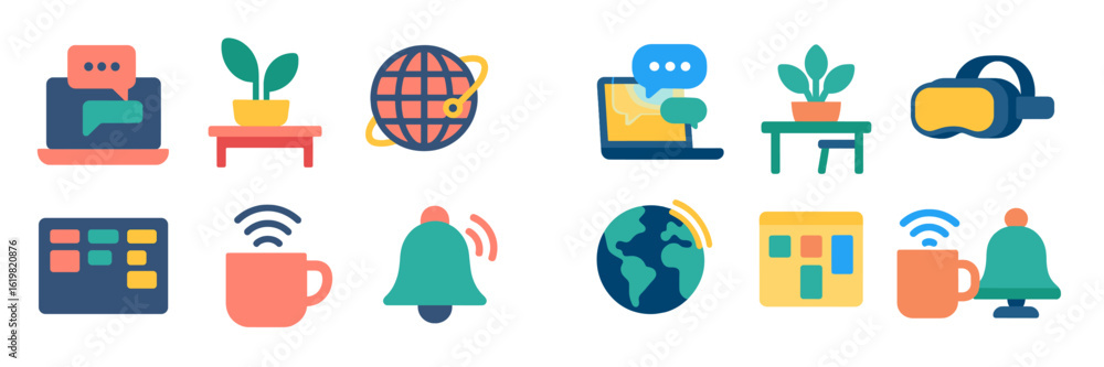 Poster colorful icons representing technology and communication in a modern workspace environment