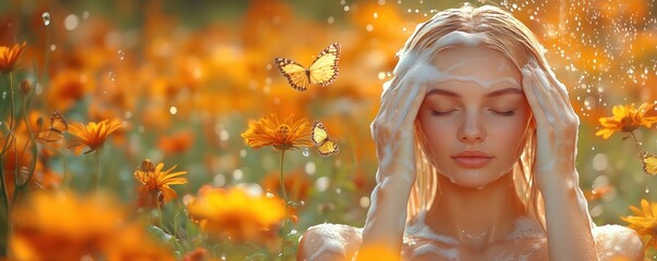 Beautiful young woman happily washes her hair, surrounded by a floral scent as if she were in a blooming garden