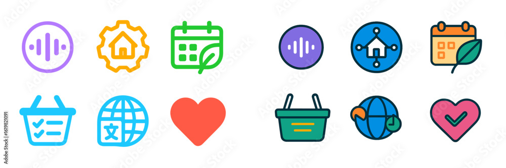 Poster colorful icons representing diverse activities and concepts in a modern digital context, designed fo