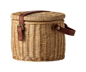 Woven round basket with leather straps for stylish storage and organization isolated on transparent background, png