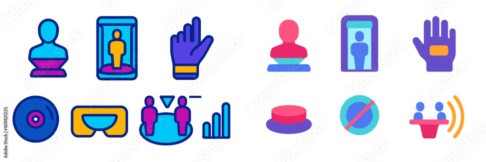 Poster colorful digital icons representing human interaction, technology, and data analysis in a modern con