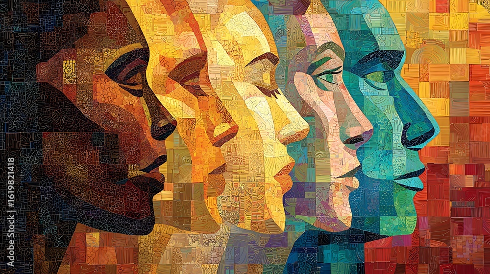 Poster stylized human faces in gradients of color and texture
