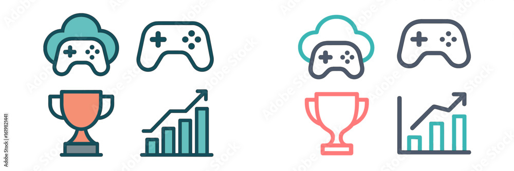 Poster visual comparison of gaming icons featuring controllers, trophies, and performance graphs in an abst