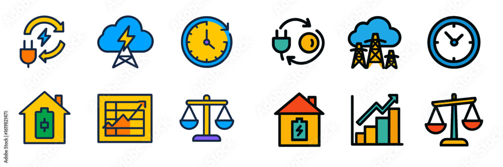 Poster power and energy icons representing renewable sources and efficiency metrics for sustainable practic