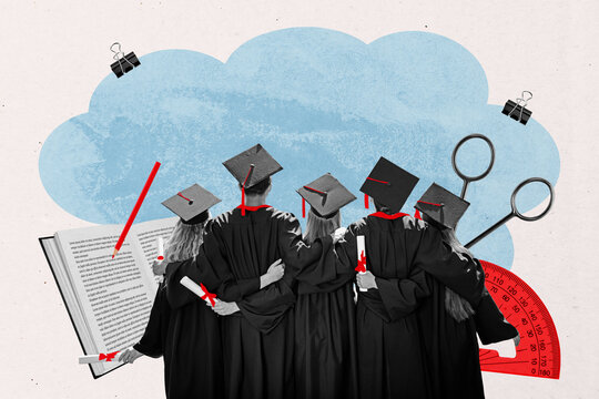 Trendy art creative full zine photo collage of happy students girls guys group stand back together master degree graduation supplies