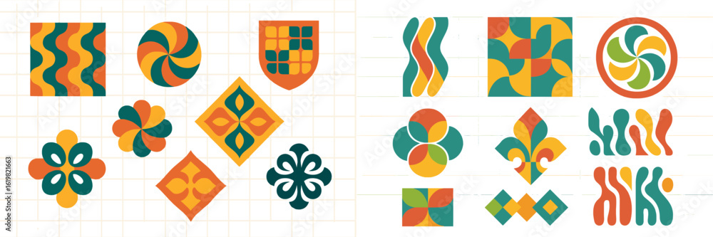Poster colorful geometric patterns showcasing a blend of shapes and vibrant colors in a modern graphic desi