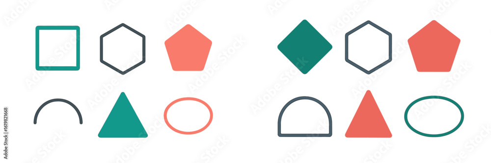 Poster shapes and colors displayed in a grid for educational purposes in a classroom setting during a morni